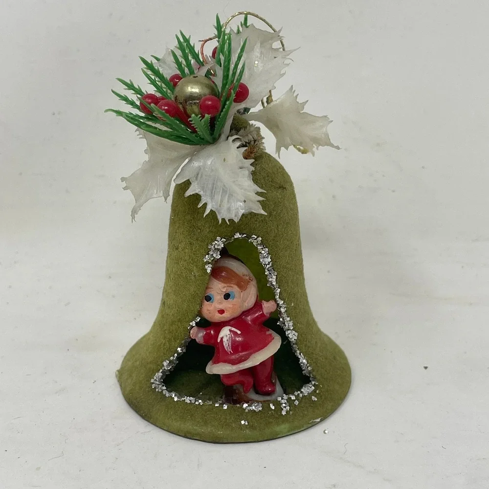 Vintage 1976 Felt Christmas Bell Ornament Pixie Elf Figure Green Red Handmade